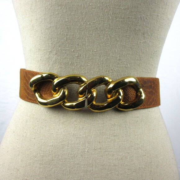 Raina Belt Jaclyn Chain Leather Adjustable Brown Gold Buckle Classic - Picture 1 of 6